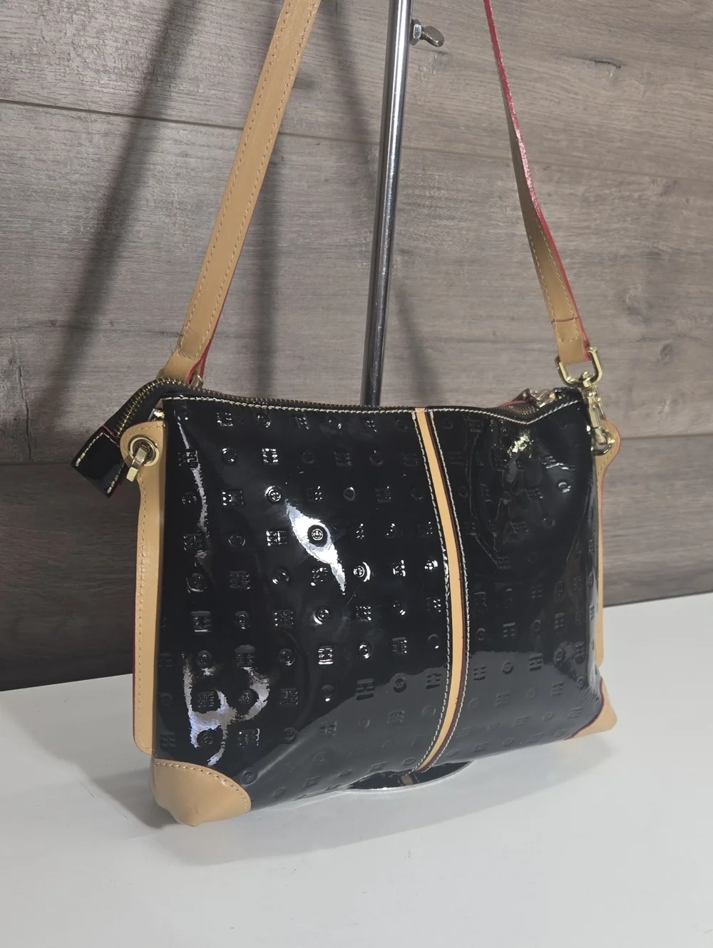 Arcadia Black Patent Italian Leather Crossbody  Shoulder Bag with Tan Trim